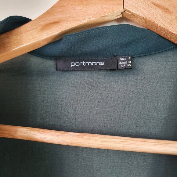 Portmans Sz 12 Top Blouse emerald green sheer Long Sleve Peplum ruffles NEW wrap - Picture 3 of 4